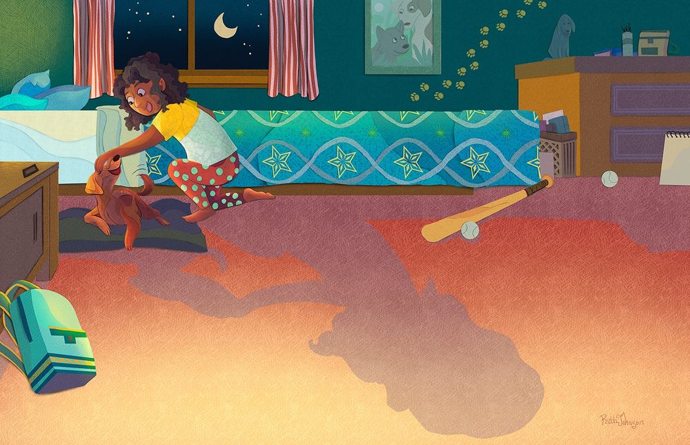 Illustration of a girl petting her dog before getting into bed.