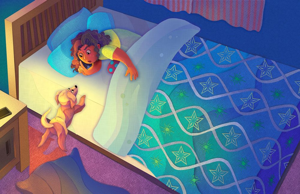 Illustration of a dog who doesn’t want to sleep alone.  The dog is trying to climb into bed with a girl who is telling the dog to be quiet and go to sleep.