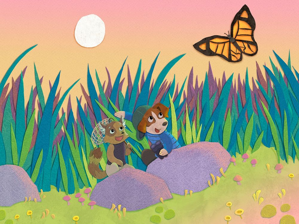 Illustration of a dog and cat in the tall grass with binoculars and a bug net.  They are watching a butterfly flying nearby.