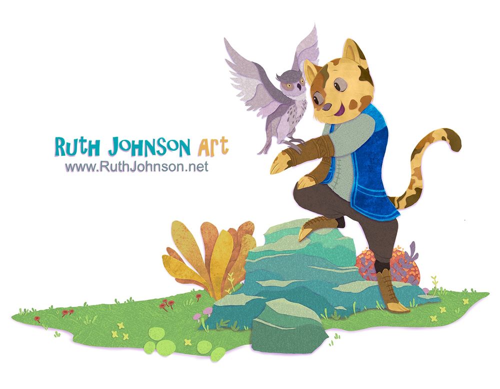 An anthropomorphic cat standing with one leg on a large rock, holding out his arm so that an owl can land on it.