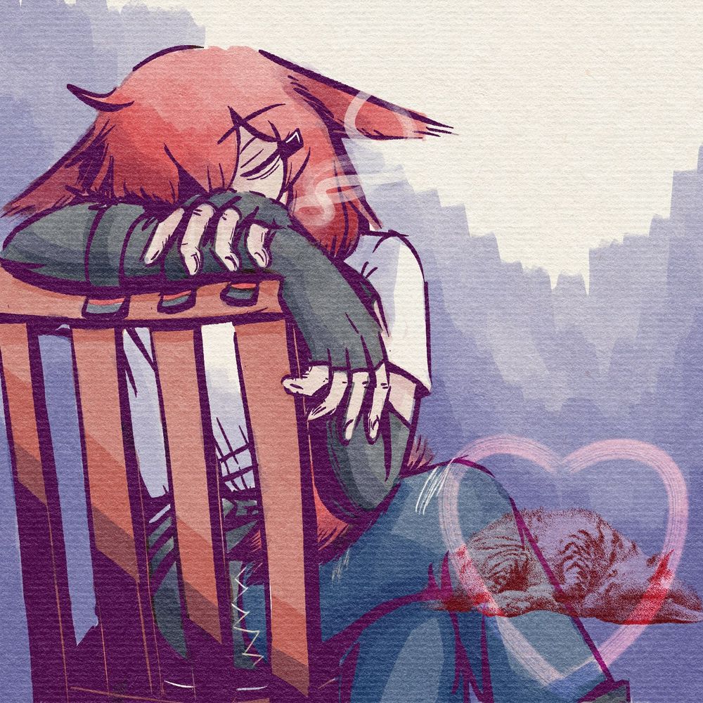 a much softer piece of art depicting crownslayer, shown relaxing as she sits in a chair, with her arms folded over the top of the back of the chair and head leaning against them with her eyes closed, as if sleeping, and her tail is curled up and around her waist onto her lap. she is notably not wearing most of her offensive gear here, but even though her arms are obscuring most of her face, it can also be seen that she also isn't wearing her face mask. a trail of smoke is seen coming from behind her arms from around where her mouth would be. to the side is a small photograph of a striped hyena that is curled up to sleep, surrounded by the shape of a heart