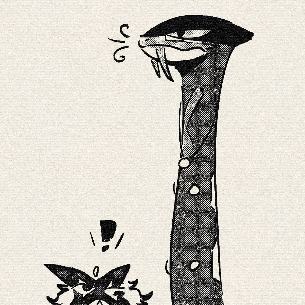art of the seviper, much more visible now but with the top of her face still cloaked in shadow and with sinclaire's plain necklace around her neck, stretched up really tall and with an exasperated expression on her face. the meowscarada meanwhile, is barely visible at the bottom of the frame with their head barely being able to poke over it, looking up surprised at the seviper. their strabismus is especially visible here