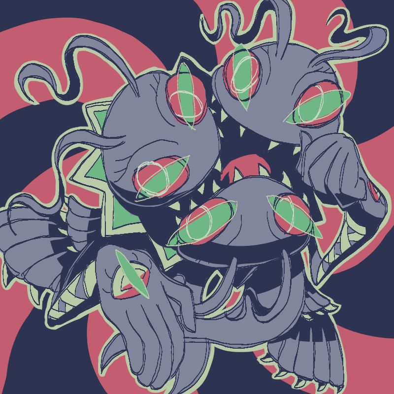 art of keramon x, a monstrously alien digimon with three keramon heads sharing a mouth, gangly arms, and its leg tendrils shaped like wings. it is looking at the camera with its six eyes with one of its hands brought up to its face