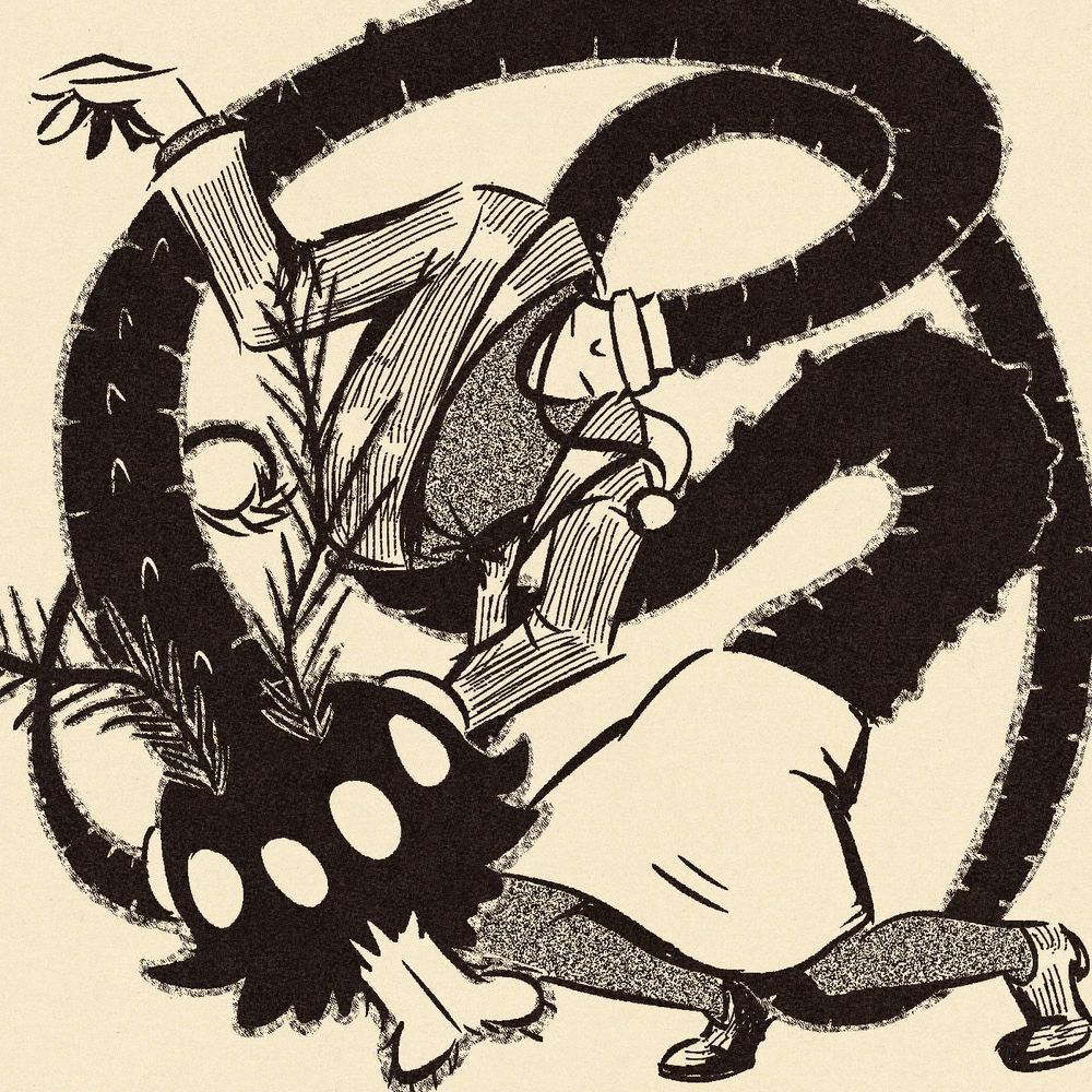 a very different drawing of sinclaire, and she looks much different this time. her torso, hips, arms, legs, feet, and hands are the same, including her clothes. however, her waist and neck have been unnaturally elongated with black flesh, making her body uncannily serpentine and incapable of moving naturally. and at the end of her long blackened neck is a head that appears to be similar to that of a monstrous fly's, with expressionless round eyes forming a ring around its diameter and with two fluffy antennae at the top of its head. her body is completely twisted in this drawing, with the monster head circling around to look closely at the viewer. her torso is dangling limply between these more serpentine body parts, and while she is still standing and supporting this body with her still-human legs, they appear to be under much strain attempting to stay balanced.