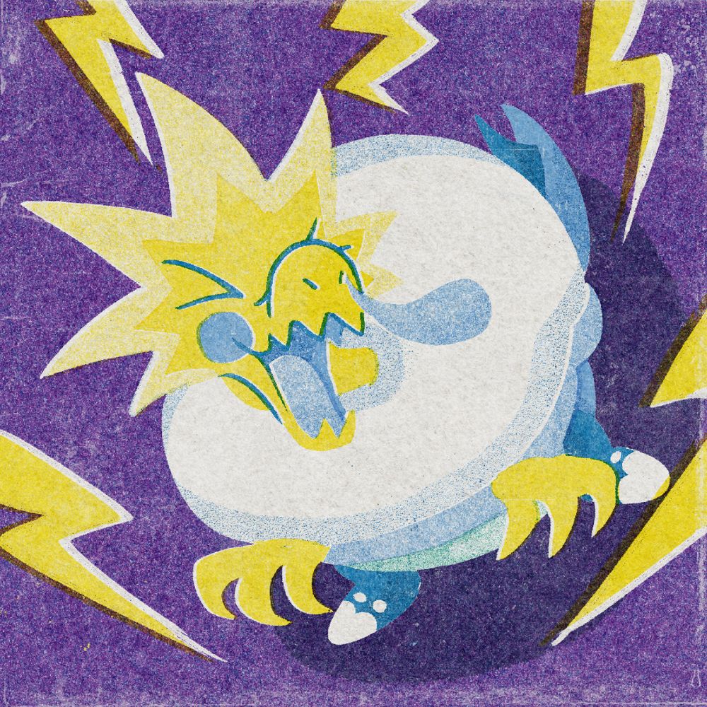 art of the pokemon arctozolt, a chimera pokemon of a little electric raptor fused with an aquatic ice pokemon, and whose nose is running because its incompatible with the coldness of its body. bolts of lightning surround it