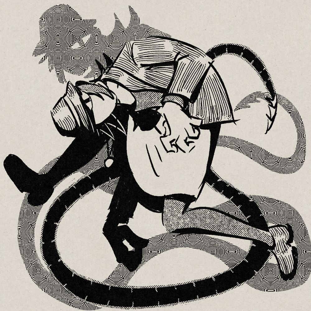art of sinclaire, in a rather contorted pose, with her torso curled down towards her raised knee and her hands tensed and claw-like, and her tail looping dramatically. behind her is her shadow, which despite being close to the same pose does not quite align with it, and her left eye is visible on the shadow too, gazing over her
