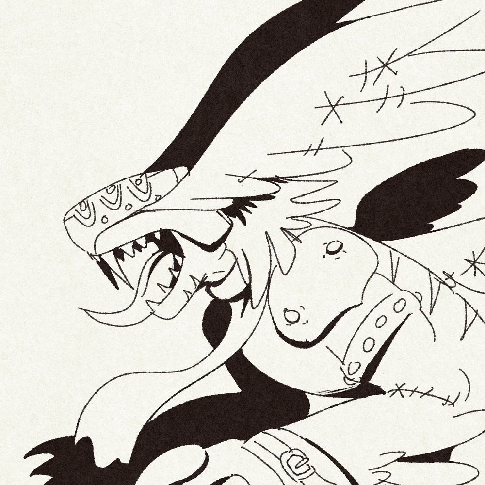 a drawing of the digimon: manticoremon, facing to the left and baring its huge pointy teeth and long draping tongue. its a reptilian-like white digimon wearing a helmet that covers its head and eyes, with a golden vertical eye pattern on the top of it. large wings sprout from the helmet where the eyes would have been. it wears a scroll-like cloth on its neck that drapes in front of it with digicode written on it. it has a hunched over stature, with its large bulky arms raised off the ground so that you can see the toothy mouths on the palms of its hands. it has two more smaller wings on its back, and has three long rope-like tails wrapped in black cloth and tipped with scorpion stingers. 