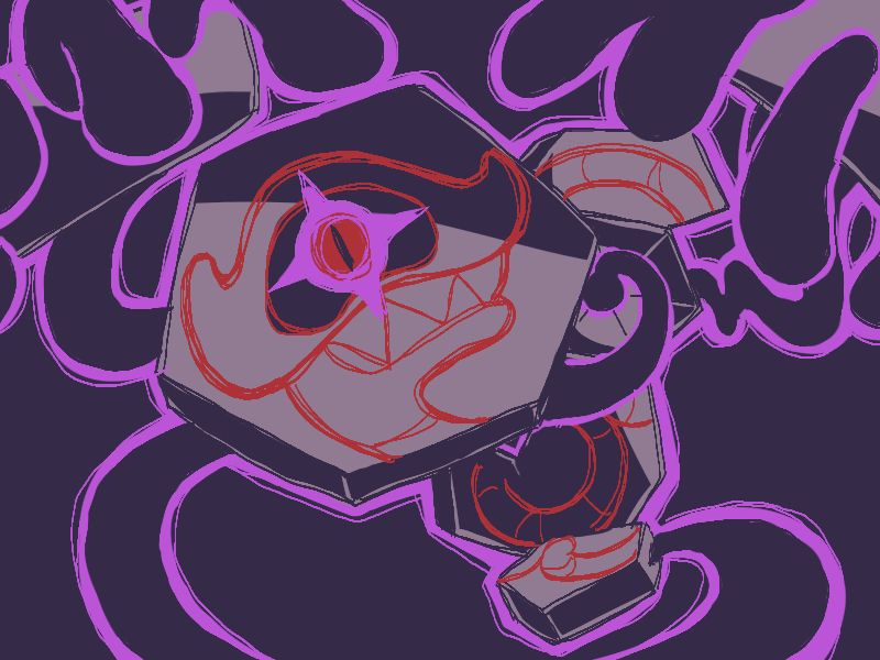 art of the pokemon runerigus, a shadow monster pokemon possessing a stone tablet inscribed with a serpentine creature drawing on it. the runerigus brings its shadowy hands to reach towards the viewer, the face of the slab coming off to stretch very close to the viewer, with the shadow monster eye staring through the drawing's eye