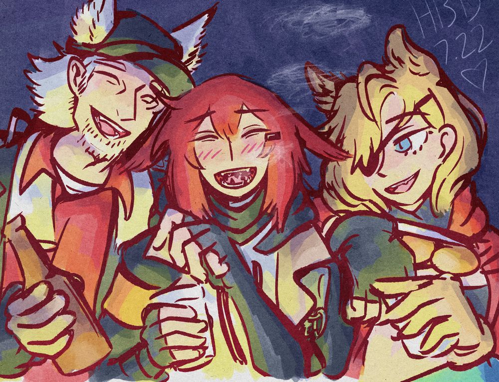 art of crownslayer from arknights with eirene and sommer sitting on either side of her and leaning in towards her. they appear to be laughing and having a good time drinking together. crownslayer appears particularly happy, with her mask off and a huge smile on her face, making the crystal lesions in her mouth visible, and she is exhaling puffs of smoke in her laughter