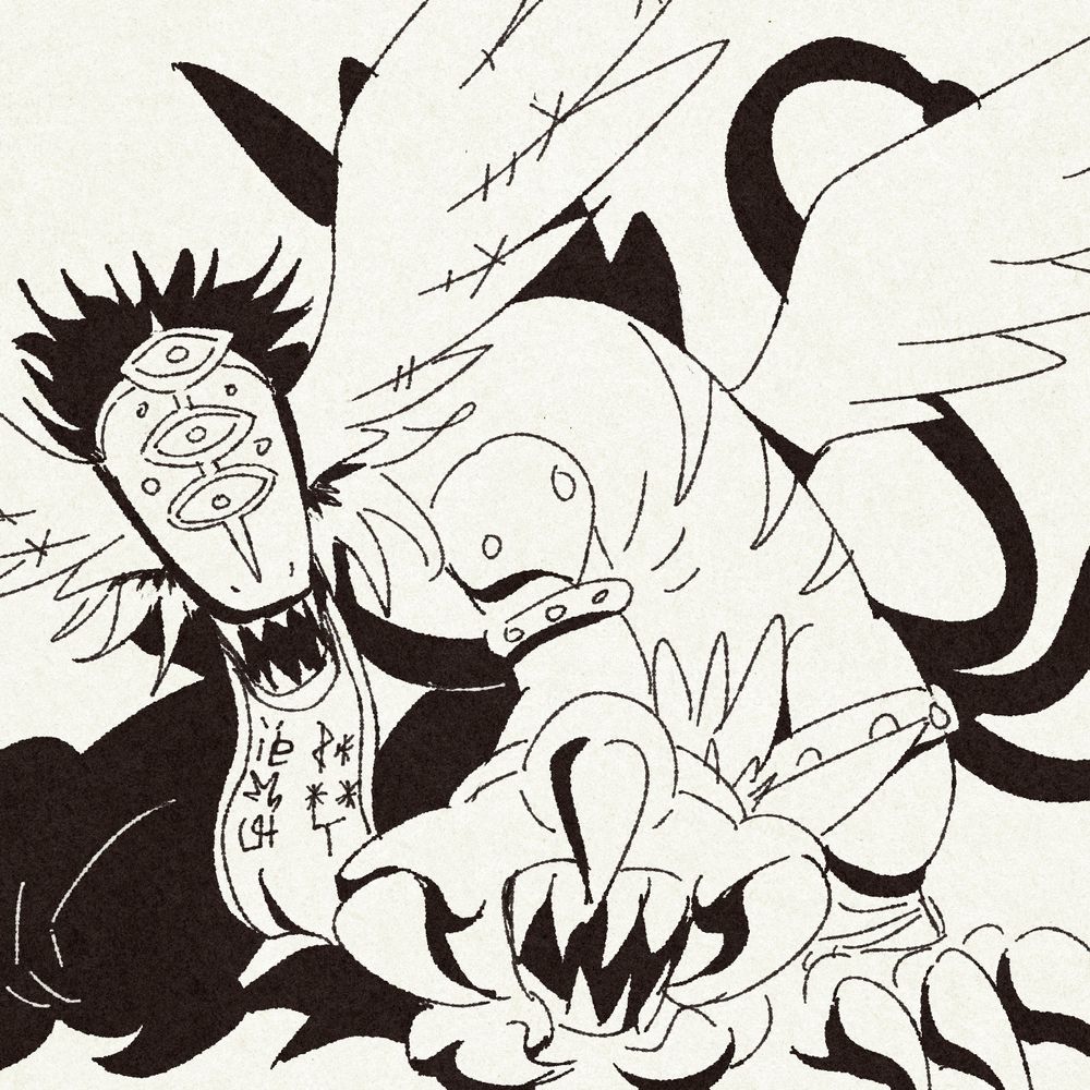 in this doodle, manticoremon is turned towards the viewer. the eye markings on its helmet are exaggerated and you can see its full body here.