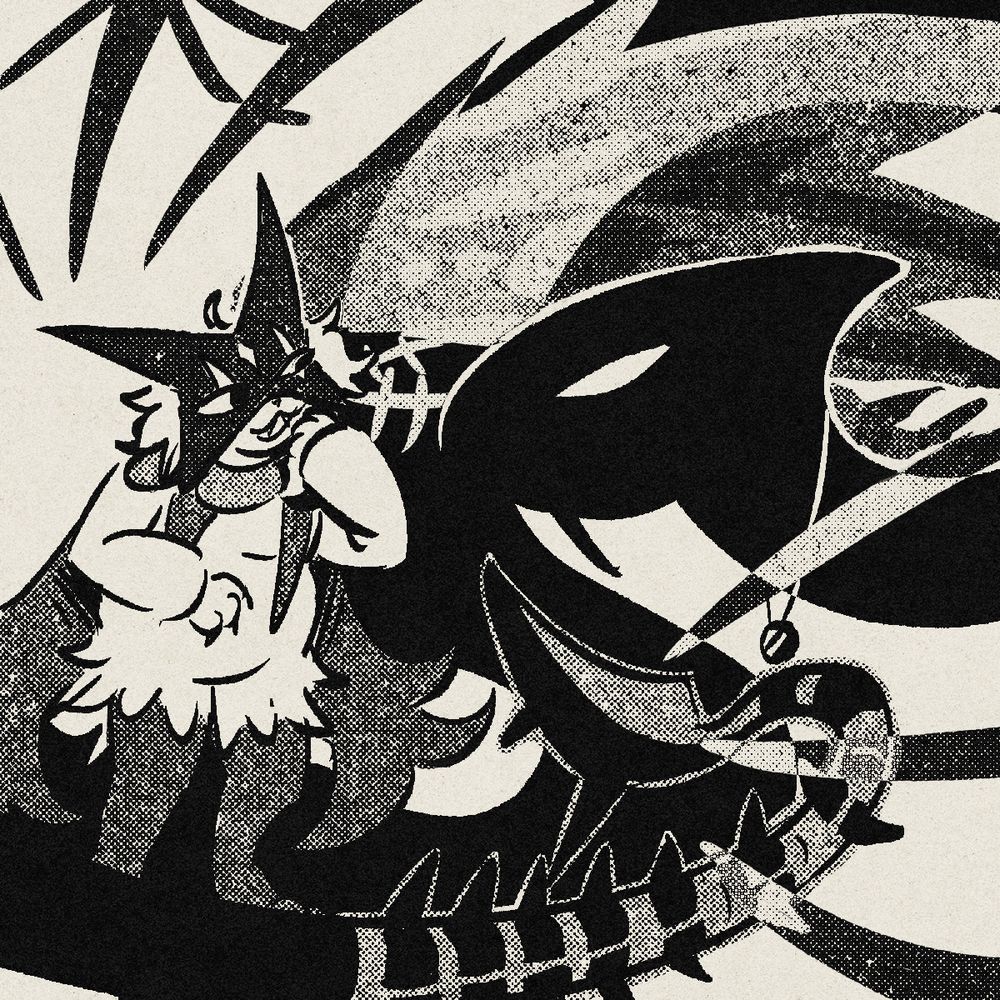 art of a fat meowscarada, a masked anthrpomorphic cat pokemon, looking intrigued by the shadowy serpentine seviper coiled threateningly around them. the seviper's bladed tail appears mutated with the glowing parts of eternatus. a silhouette of the skeletal figure of eternatus mirrors the seviper, its claws pointed threateningly towards the meowscarada. despite everything, the meowscarada doesn't appear intimidated at all