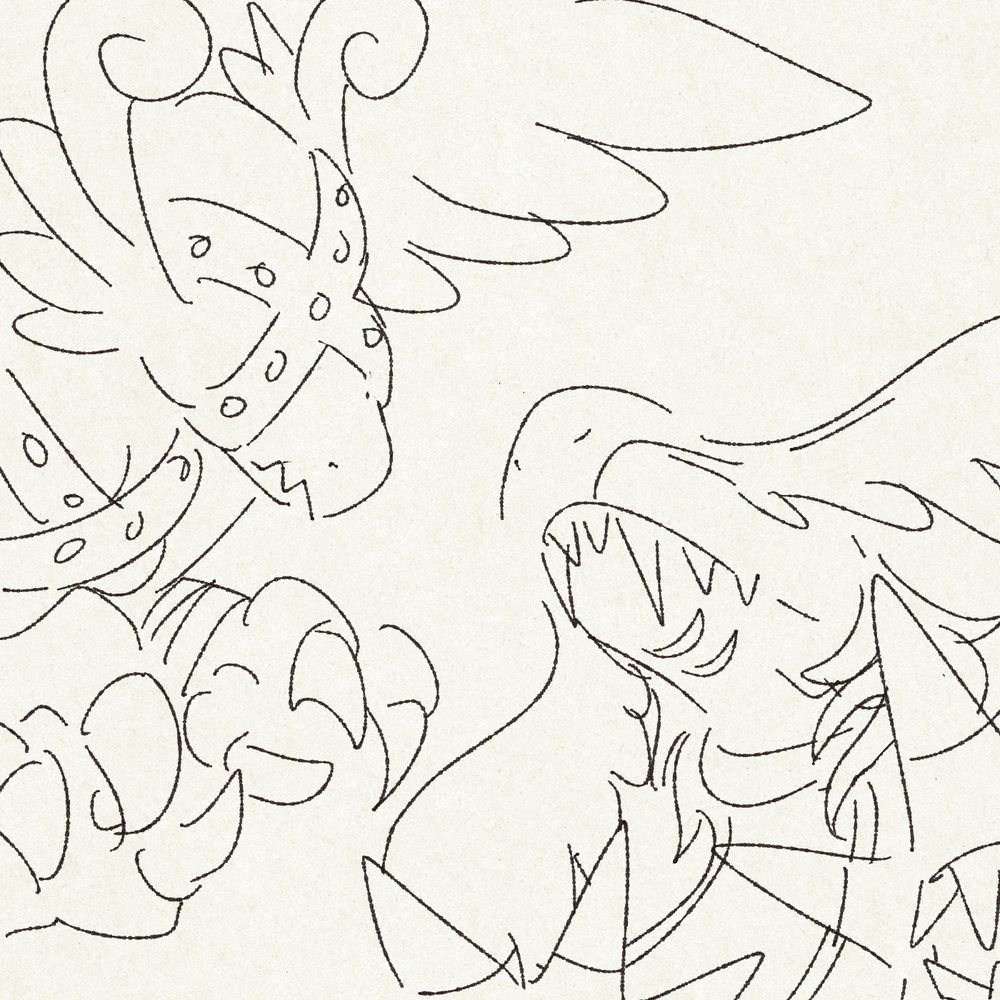 looser doodles of a manticoremon looking up towards another digimon, gargoylemon, that is a similarly white reptilian digimon with angelic wings, big arms and claws, and wearing bindings over the head to hide its eyes