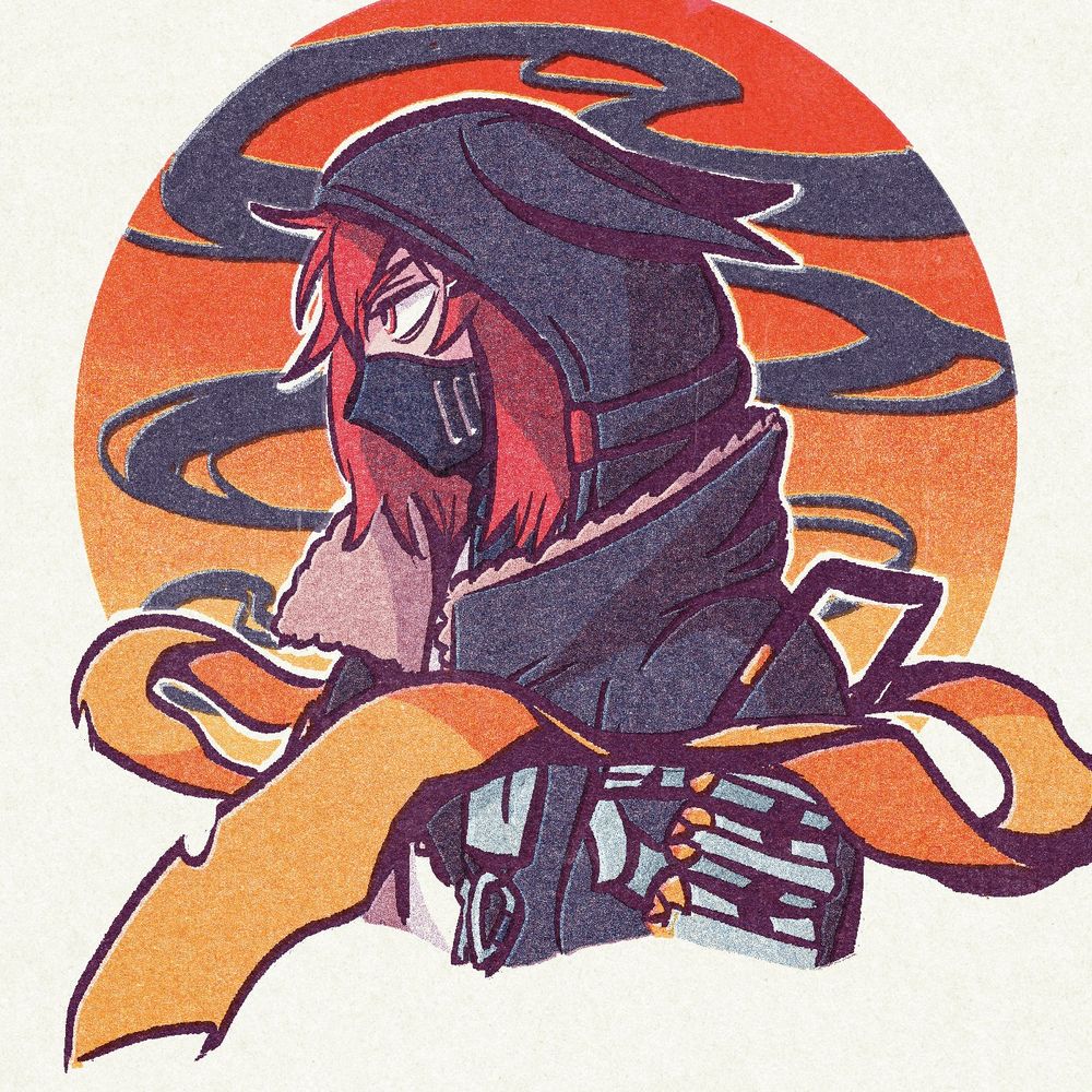 a side profile of the character crownslayer from arknights, with a determined look to her eyes as she stares in front of her. she is shown wearing a large black jacket and hood thats pulled over her head. a facemask covers up her nose and mouth and she is equipped with smoke grenades on her shoulder. on her other arm is tied a bright orange, worn down and torn up ribbon that trails around her. behind her in the background, wafts black smoke from a fiery, sunset-like glow