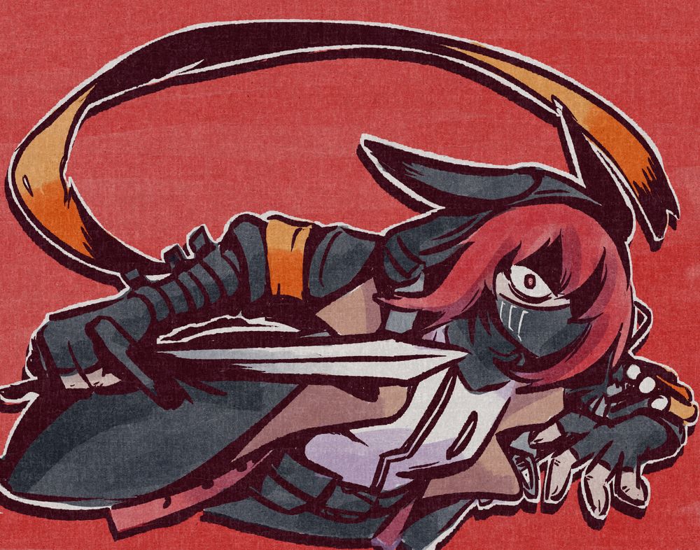 more art of crownslayer, this time charging forward to attack with her large knife. half her face is cloaked in shadow except for an intense and violent expression in her eyes