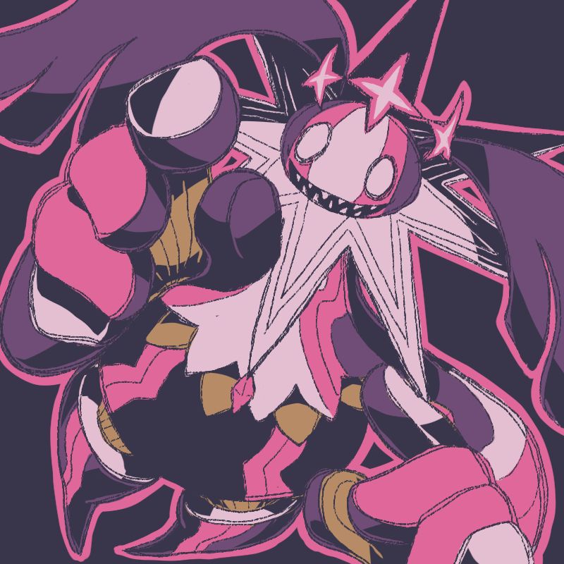 art of the virus version of cherubimon x. it has a small head, large bunny-like floppy ears, a jester's collar, a huge black orb for an abdomen, and large hands. here virus cherubimon x is flying towards and reaching towards the viewer