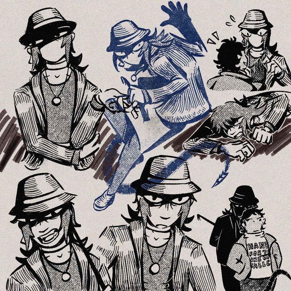a compilation of doodles of this woman - sinclaire. the upper part of her face, particularly where her eyes are, are nearly always covered in dark shadow. most notably, from under her skirt comes a long, inhuman black tail with barbs at the end of it. from left to right the doodles show her 1. smoking with an exhausted look in her eyes, 2. in an action pose winding up to hit something with her crowbar, wielded in her left hand. 3. being approached by a character named isaac, a shorter fatter character with short black hair, who is eagerly getting very close to her as she moves back in surprise, here eyes wide but not aggressive. 4. she is clawing on the ground, her hat notably knocked off of her. 5. she is looking and glaring at something down and to the left with her lips peeled back to show her teeth. her crowbar weapon is also resting against her left shoulder. 6. she appears to be looking at someone in front of her, and she is bent over and slouched slightly with her hands on her hips. her gaze is stern but not aggressive and she appears to be saying something. 7. she is posed with the character isaac again, who we can see a lot more (a shorter, fatter person with darker skin, black hair, wearing a texted shirt with a jacket over it and hands in their pockets. notably they have strabismus in their left eye). sinclaire is looming behind isaac, bent over close with her eyes narrowed at them and her tail circling around in front of them. her arms are crossed behind her back and her crowbar is seen held up from them. her figure is entirely cloaked in shadow except for her eyes.