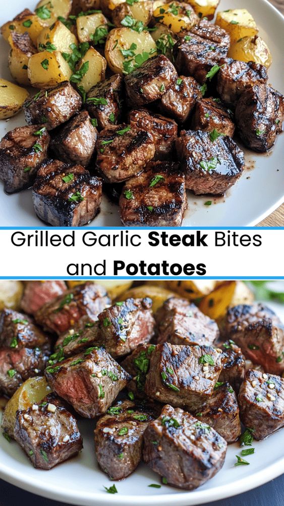 Grill marks on juicy garlic steak bites and smoky potatoes served outdoors.