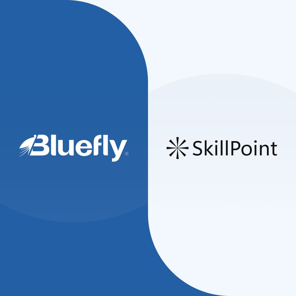 Alt text: A partnership announcement graphic featuring the Bluefly.io and SkillPoint logos. The left side has a blue background with the Bluefly logo, while the right side has a light background with the SkillPoint logo. The two sections meet in a curved transition.

