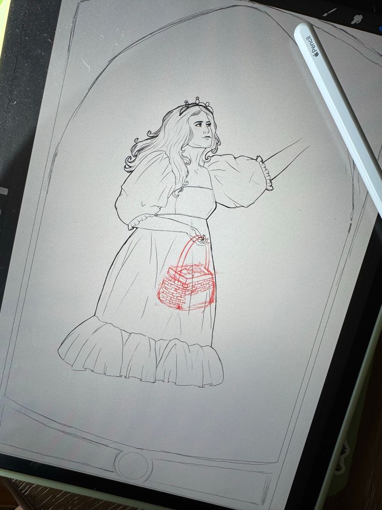 Photo of an iPad screen that shows a drawing commission in progress. The drawing is of a lady in a fluffy dress holding a basket of apples. 