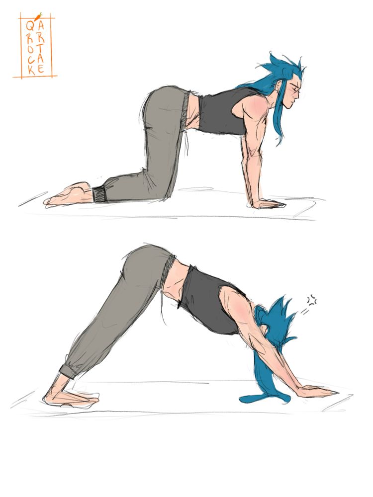 Drawing of Saix practicing yoga. His long hair falls in his face as he does a downward dog pose. 
