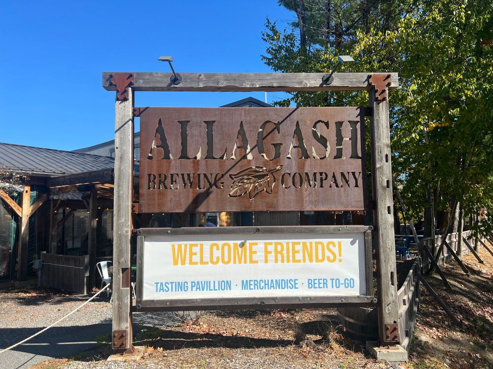 The metal welcome sign at Allagash Brewing.