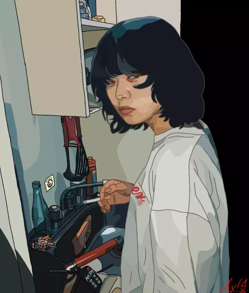 Digital art of a woman standing in her kitchen, a lit cigarette in her hand. The counters contain dishes, a radio, an ashtray, and bottles. Some kitchen utensils hang from a cabinet that holds other kitchen necessities.