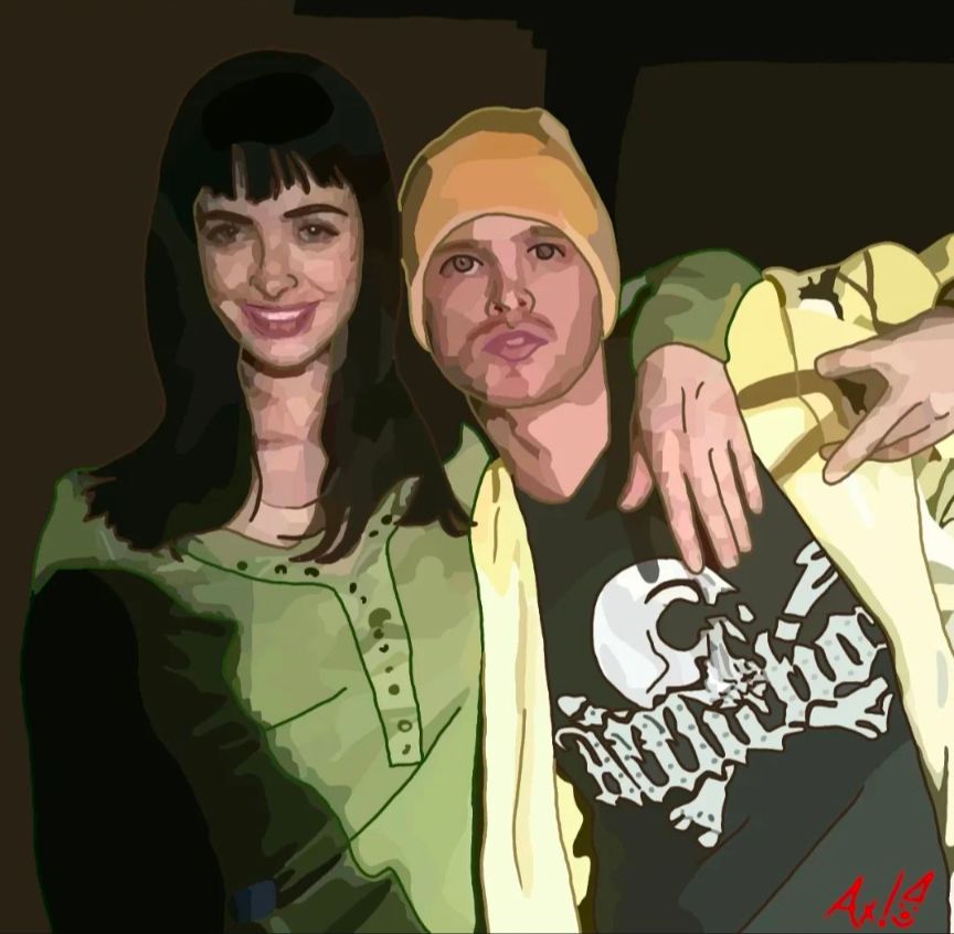 Digital art of Jesse Pinkman and Jane Margolis from Breaking Bad. Jane is wearing a green shirt with decals on the collar. Her shoulder length, black hair is down, framing her smiling face. Her arm is around Jesse, who is wearing a yellow beanie and jacket, and a black shirt with a skull on it. He is holding up a peace sign with his fingers. 