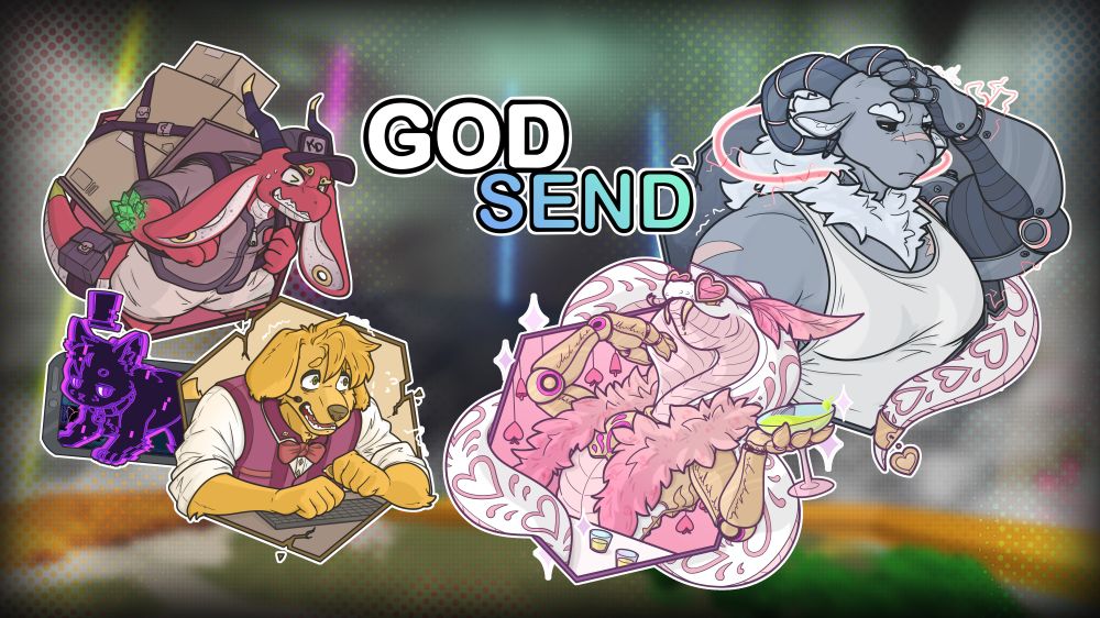 The characters from the game GodSend, a soon to come furry VN dating sim; the main cast are depicted each on their own way, Sid the kobold is under stress and carrying lots of boxes, Milo the golden retriever is having a panic attack looking at the other two, Alesssandro the barman snake is leaning onto Aries the ram mercenary in a playful way while Aries looks pissed off.