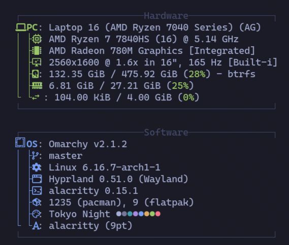 Framework 16 showing AMD Ryzen 7 7840HS, Integrated graphics only, 32gb ram, running Omarchy with kernel `6.16.7-arch1-1`.