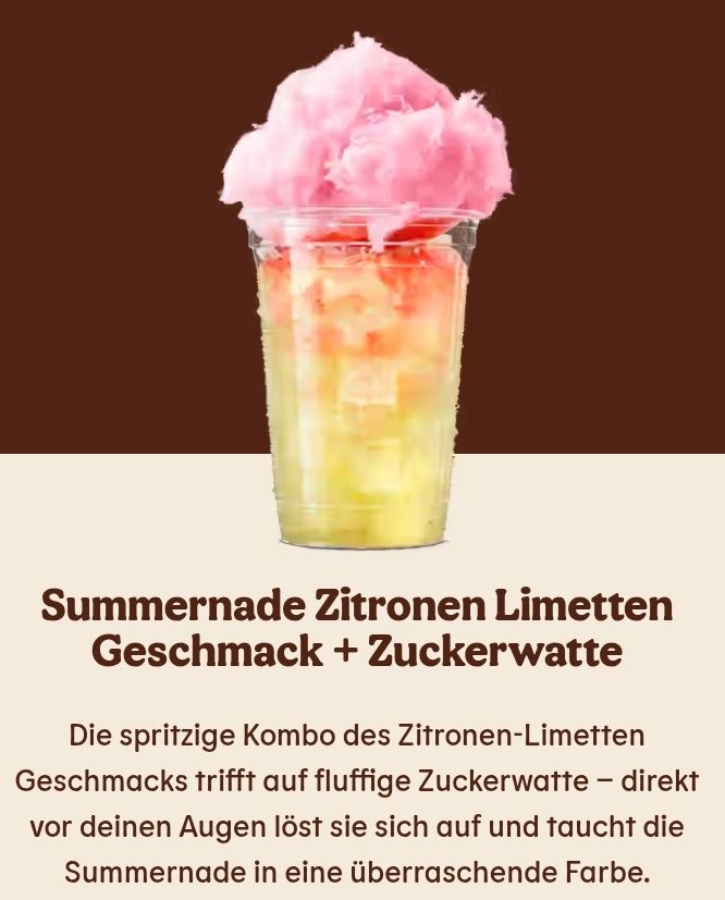 Screenshot von der Burger King Getränkeauswahl. Zu sehen ist das Special des Monats. Ein Becher gefüllt mit einer Zitronen-Limetten-Limonade, darin viele Eiswürfel und als Topping eine Wolke rosa Zuckerwatte auf dem Becher. 