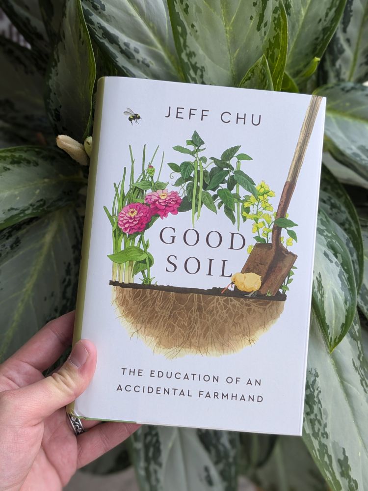 The cover of Jeff Chu's book "Good Soil: The Education of an Accidental Farmhand," which includes a drawing of plants, a root system, a bee, and a spade. The book is held against the background of a plant.