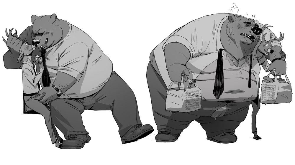 illustration of a hungry bear is bothering a deer for food

and a bear who over did it, struggling to walk while the deer who encourages his bad eating habits supports him
