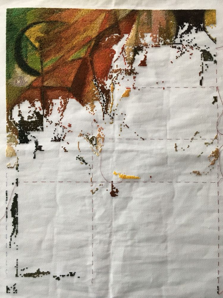 A photo of the Foxes cross stitch several mi the in, showing several thousand stitches, and tens of thousands to go!