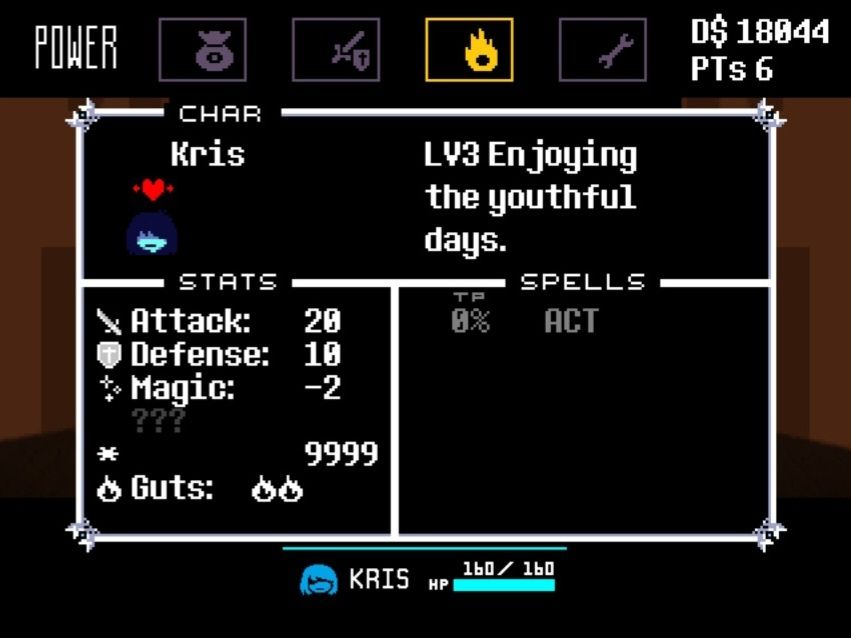 The POWER menu in Deltarune. Kris's "asterisk" stat displays 9999.