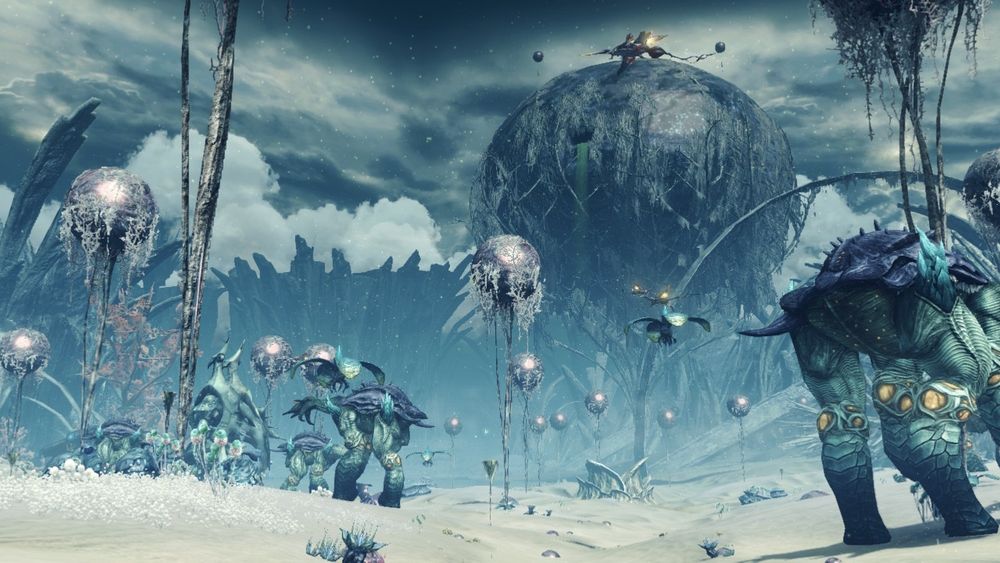 Sylvalum during the day. An alien landscape, unlike anything on Earth. The entire area is white and grey, including the sandy floor―or is it more like snow, or dust? A giant orb-shaped structure looms in the distance, towering over the landscape as though watching the many alien lifeforms down below.