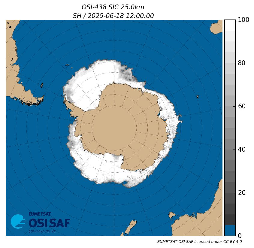 OSI SAF Sea Ice Concentration ICDR from AMSR-2 (OSI-438) for the 18/06/2025 - Southern Hemisphere