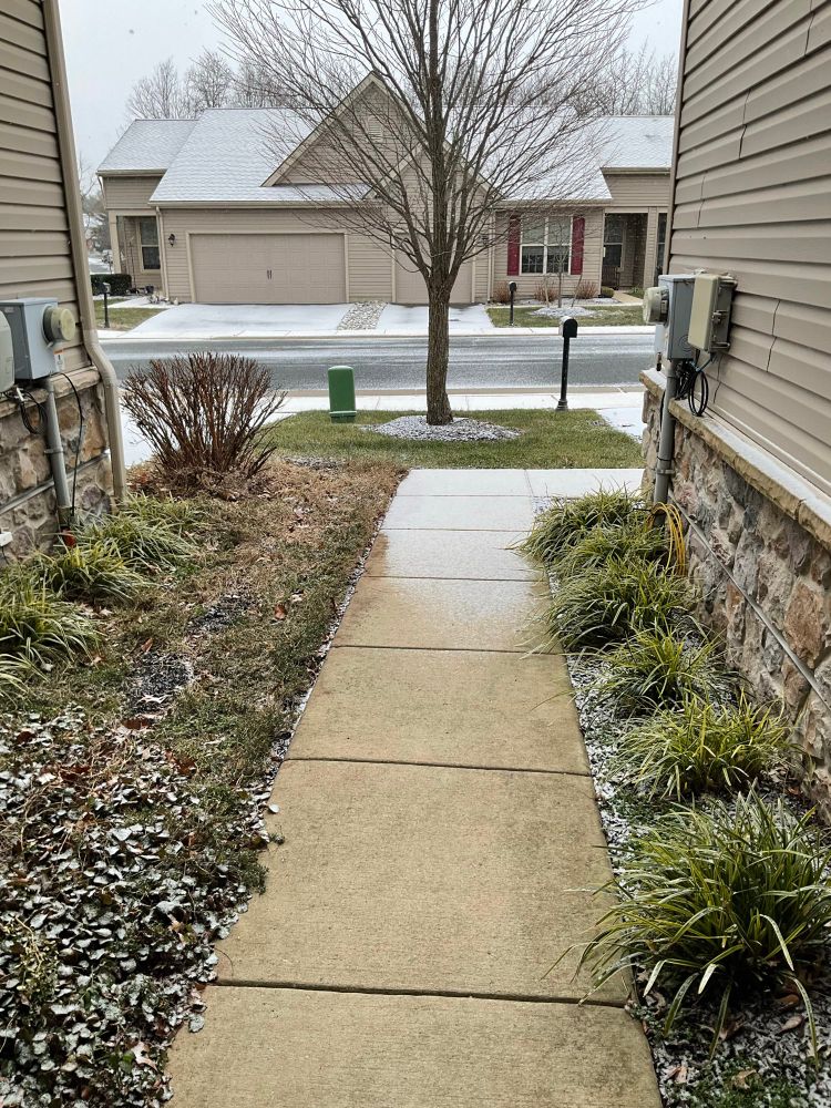 View down my front walk with a light dusting of snow on the walk and street