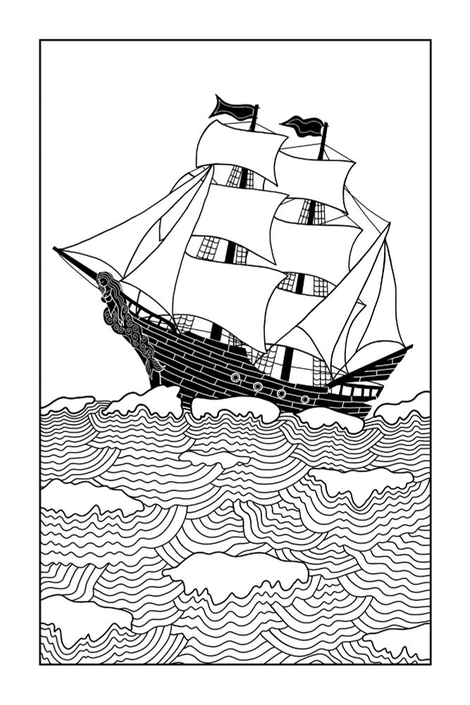 Drawing in black ink against a white background of an old fashioned sailing ship with large white sails balanced on the stylized waves of a stormy sea