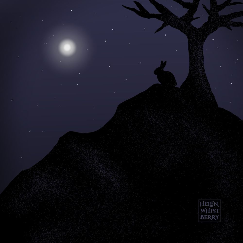 Drawing of a rabbit sitting on a hill beneath a tree at night. The image is a black silhouette against a purple sky with full moon.
