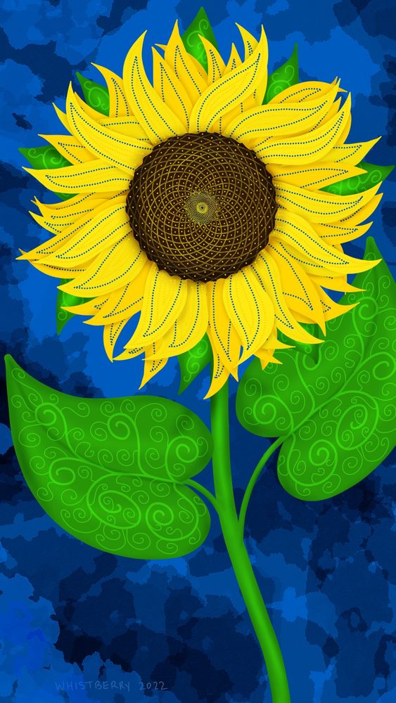 Art piece of a digital painting of a bright yellow sunflower with brown center on a long green stem and heart-shaped green leaves with a fanciful swirling design on them. The background is a mottled blue.