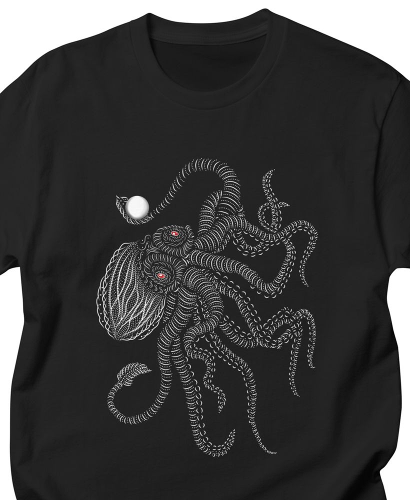 Black short-sleeved t-shirt with an illustration of a squid with red eyes holding a pearl in one tentacle while its legs are tangled and curling.