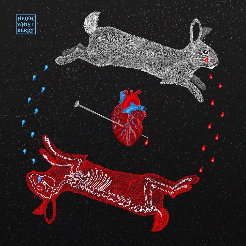 Art piece of a drawing of a white rabbit at top of image weeping blood tears and a red rabbit at bottom with skeleton exposed weeping blue tears. There is an anatomically correct heart with a pin through it in the middle of the image and the rabbits and their tears form a loose circle around the heart.