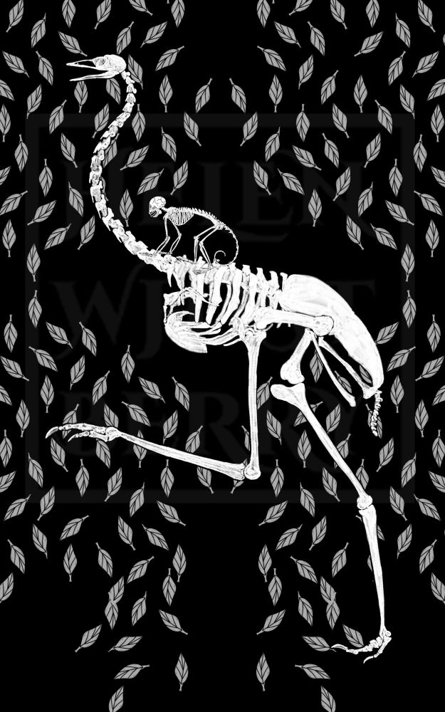 Drawing of the white skeleton of a capuchin monkey riding on the back of a skeletal emu that is running with its beak open. There is an abstract pattern of gray falling leaves against a black background.