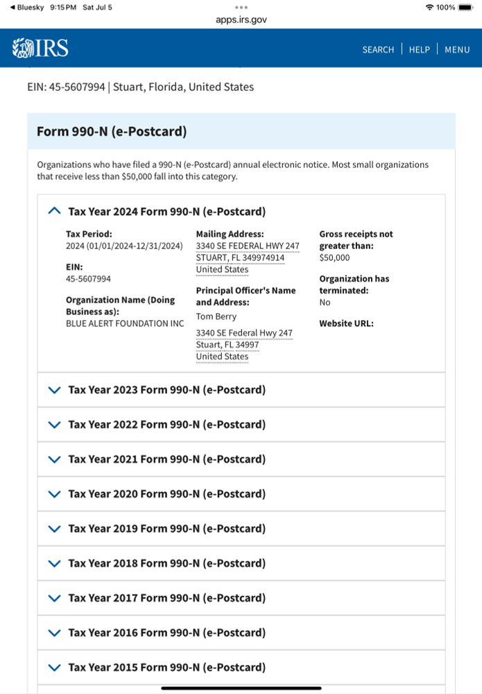 IRS 990n for foundation, showing Tom Berry as principal officer
