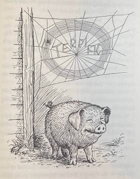 Line drawing of Wilbur the pig standing below a spiderweb with the word “TERRIFIC” spelled out within the web. From “Charlotte’s Web,” by E. B. White. 
