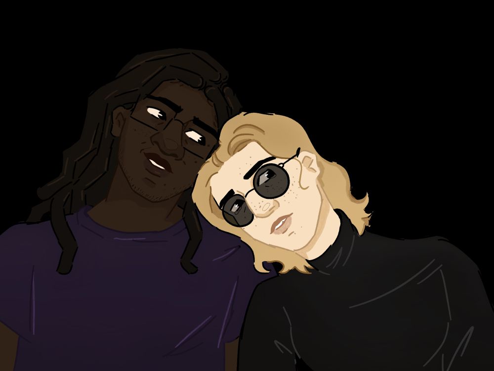Harley and raddagher from find us alive. Harley is a dark skinned black man with long locs wearing a purple tshirt. He has rectangular glasses. 
Raddagher is leaning their head on Harley’s shoulder and has mid length blond hair, and is wearing a black turtleneck. She has round glasses on. 