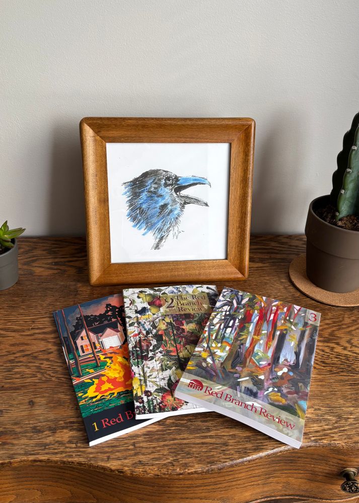 A copy of each issue of The Red Branch Review in front of a drawing of a crow’s head. 