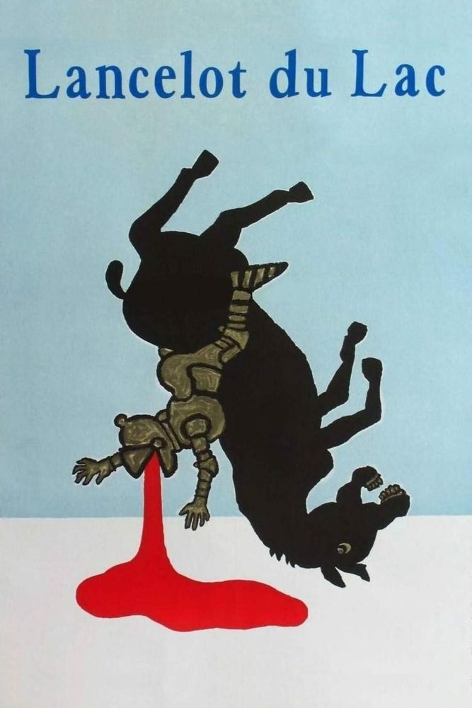 Poster for Lancelot du Lac, a childlike illustration of an upturned knight falling off a horse with way too much blood pouring out of his faceplace and pooling on the ground (maybe forming a lake? )