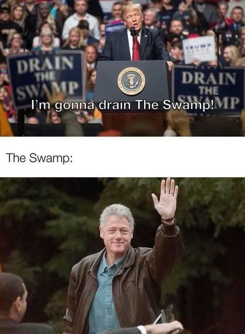 Trump saying "I'm gonna drain The Swamp!"
The Swamp: [picture of Bill Clinton waving]