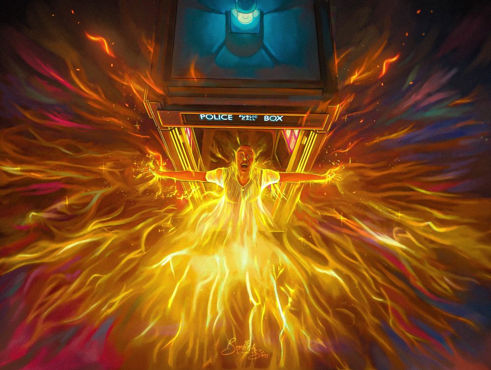 An illustration of the 15th Doctor's regeneration; Ncuti Gatwa's Doctor with his arms outstretched, leaning outside the TARDIS. Orange light bursts from his body, turning into streaks of blue, red, magenta and green... the energy fizzling into stars at his hands